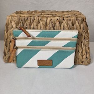 Dooney & Bourke Chevron Teal White Leather Slim Pouch